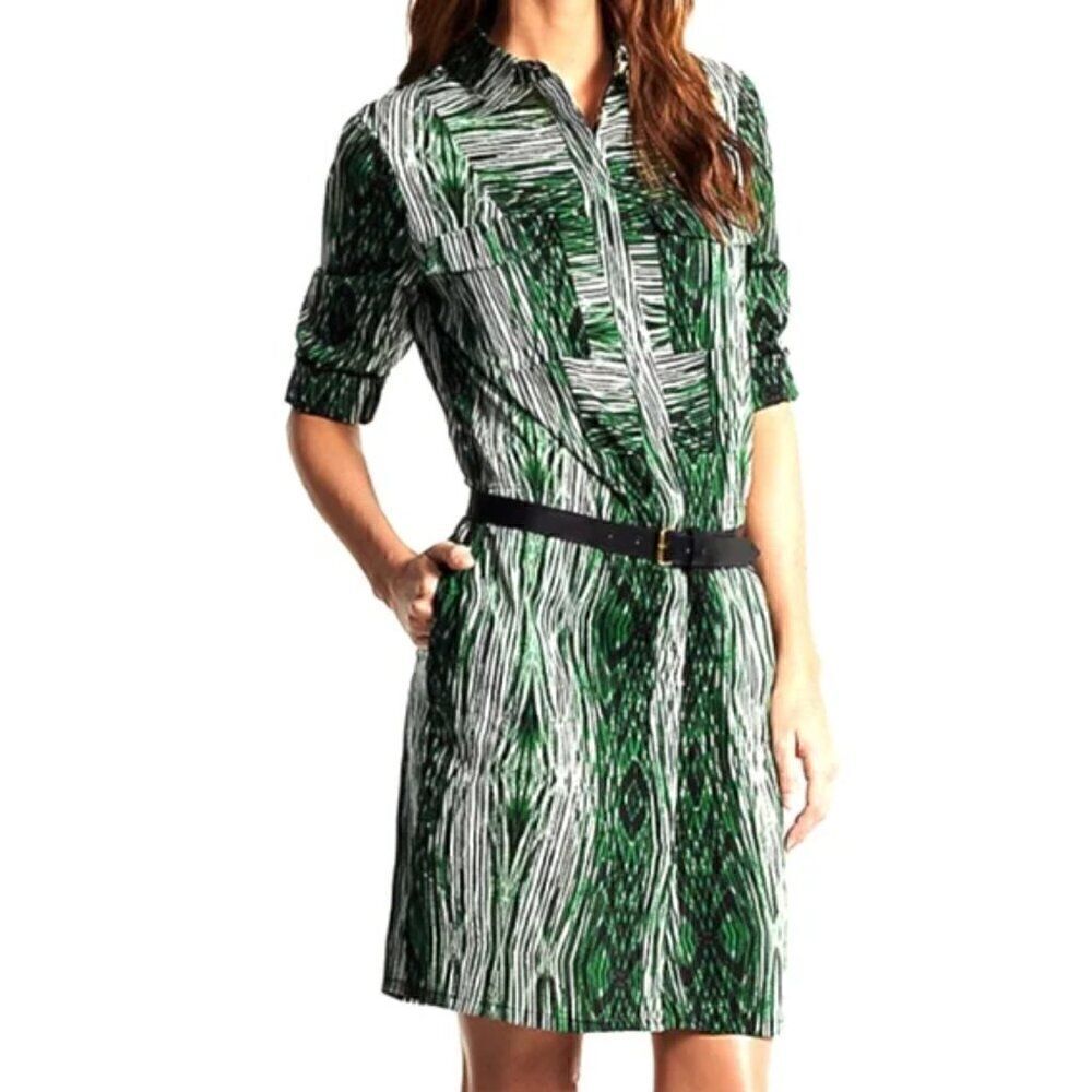 Like New Derek Lam Green White Black Woodgrain Cotton Button Down Shirt Dress